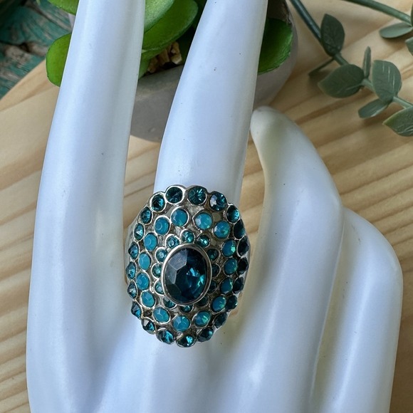 VTG Cocktail Ring Size 8.75 Lab Blue Precious Opal Topaz Gems 925 Sterling 8.9g - Picture 1 of 9